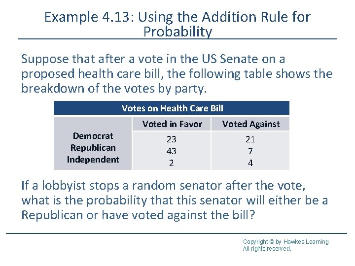 Example 4. 13: Using the Addition Rule for Probability Suppose that after a vote