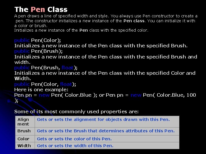 The Pen Class A pen draws a line of specified width and style. You