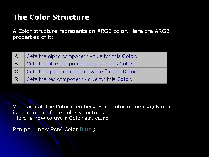 The Color Structure A Color structure represents an ARGB color. Here are ARGB properties