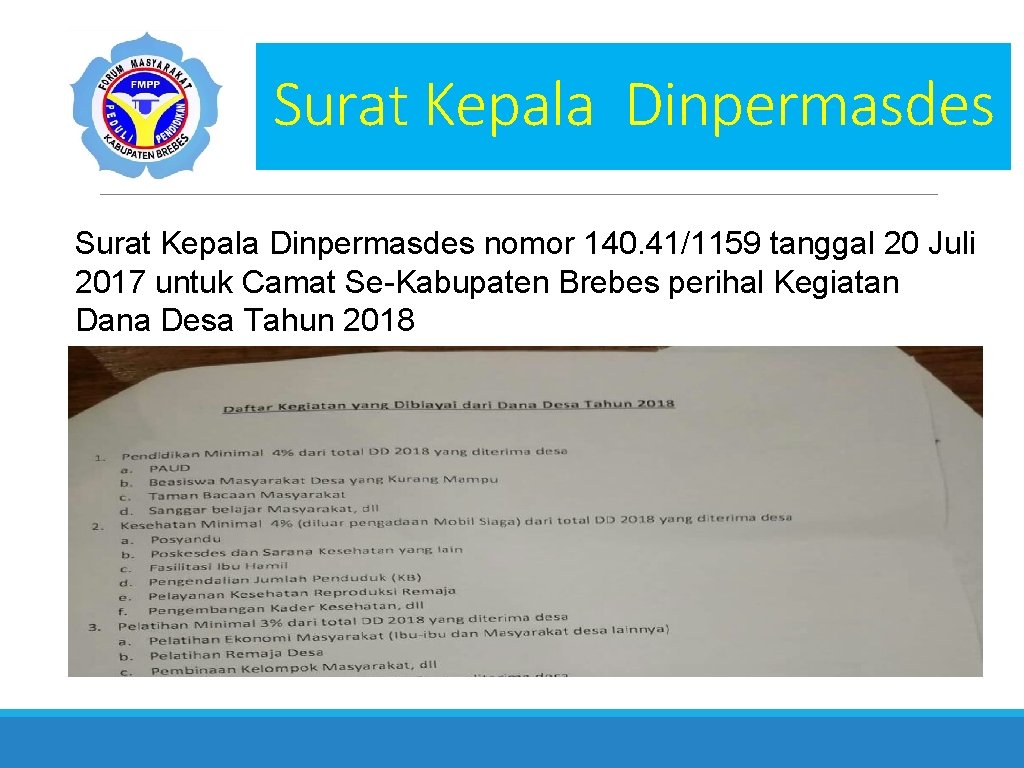 Surat Kepala Dinpermasdes nomor 140. 41/1159 tanggal 20 Juli 2017 untuk Camat Se-Kabupaten Brebes