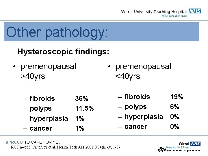 Other pathology: Hysteroscopic findings: • premenopausal >40 yrs – – fibroids polyps hyperplasia cancer