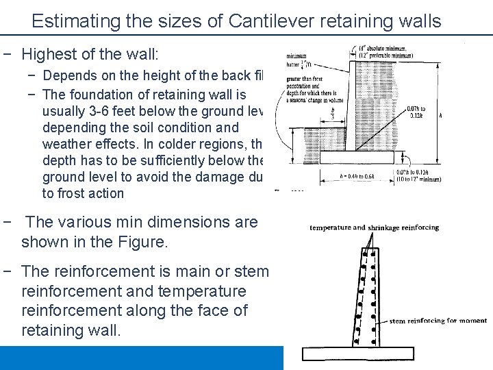 Estimating the sizes of Cantilever retaining walls − Highest of the wall: − Depends