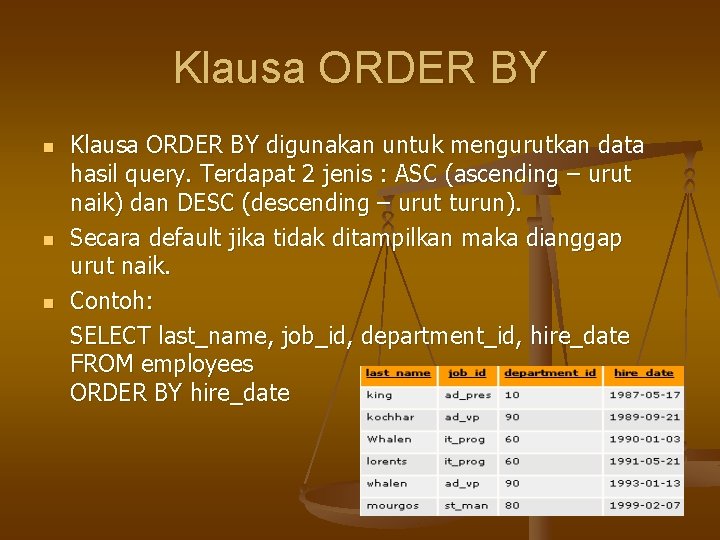 Klausa ORDER BY n n n Klausa ORDER BY digunakan untuk mengurutkan data hasil
