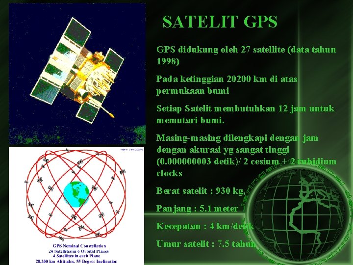 SATELIT GPS didukung oleh 27 satellite (data tahun 1998) Pada ketinggian 20200 km di