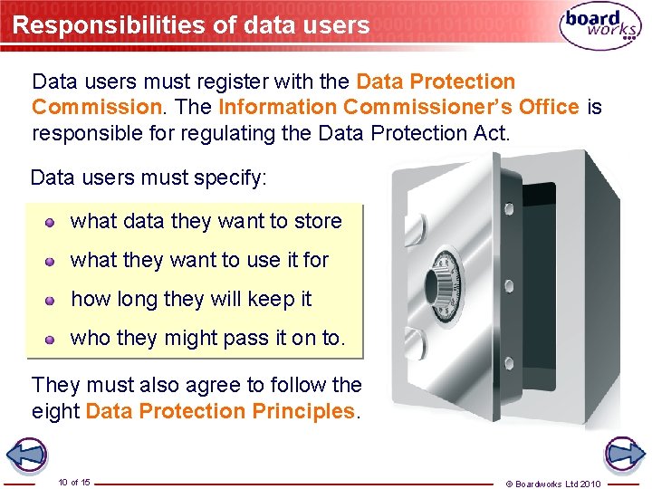 Responsibilities of data users Data users must register with the Data Protection Commission. The