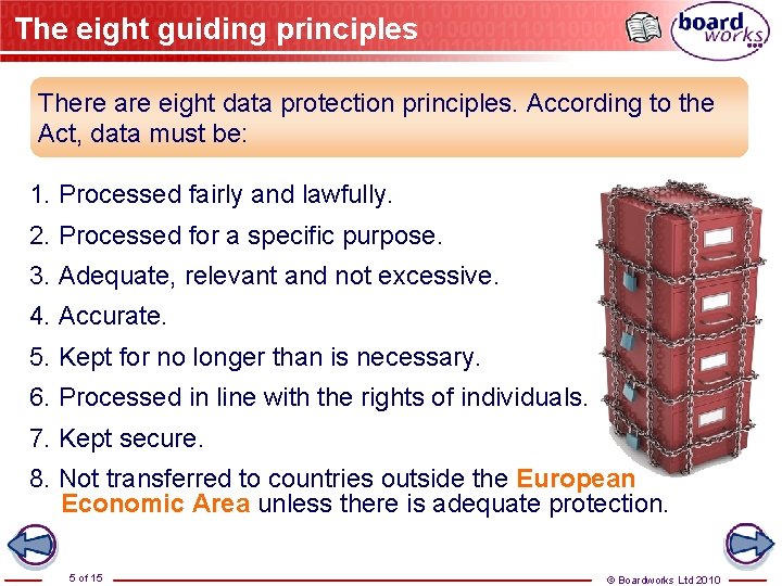 The eight guiding principles There are eight data protection principles. According to the Act,