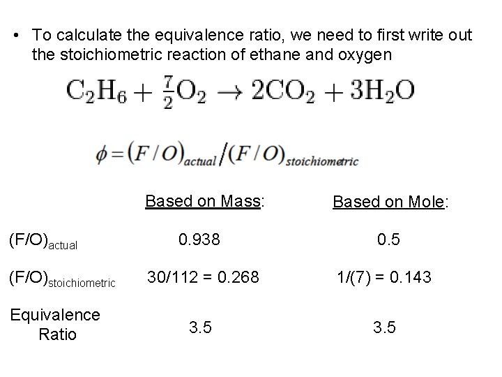  • To calculate the equivalence ratio, we need to first write out the