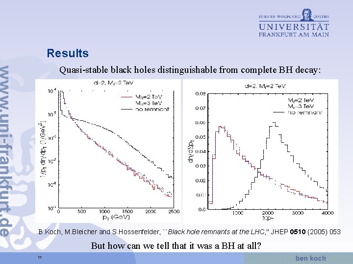 Results Quasi-stable black holes distinguishable from complete BH decay: B. Koch, M. Bleicher and