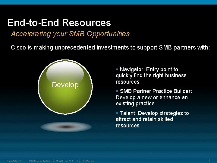End-to-End Resources Accelerating your SMB Opportunities Cisco is making unprecedented investments to support SMB End-to-End Resources Accelerating your SMB Opportunities Cisco is making unprecedented investments to support SMB