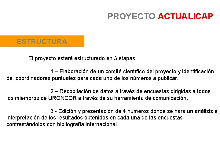 PROYECTO ACTUALICAP ESTRUCTURA El proyecto estará estructurado en 3 etapas: 1 – Elaboración de