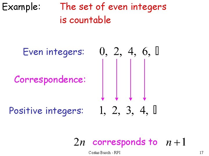 Example: The set of even integers is countable Even integers: Correspondence: Positive integers: corresponds