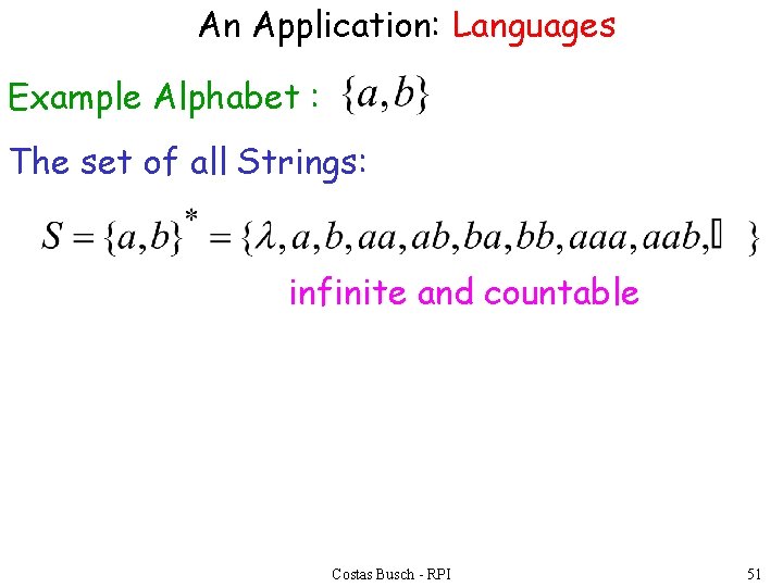 An Application: Languages Example Alphabet : The set of all Strings: infinite and countable