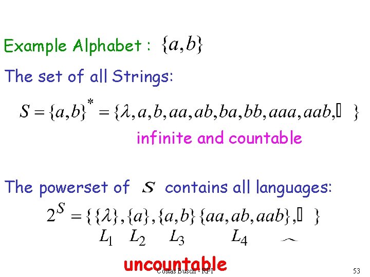 Example Alphabet : The set of all Strings: infinite and countable The powerset of