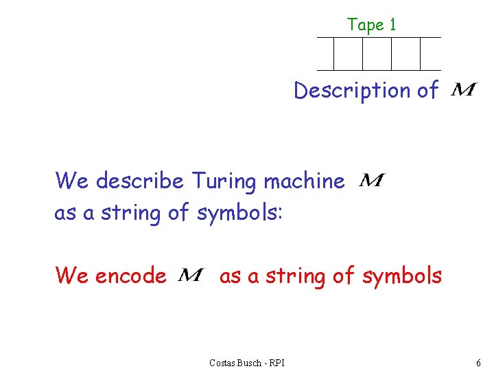 Tape 1 Description of We describe Turing machine as a string of symbols: We