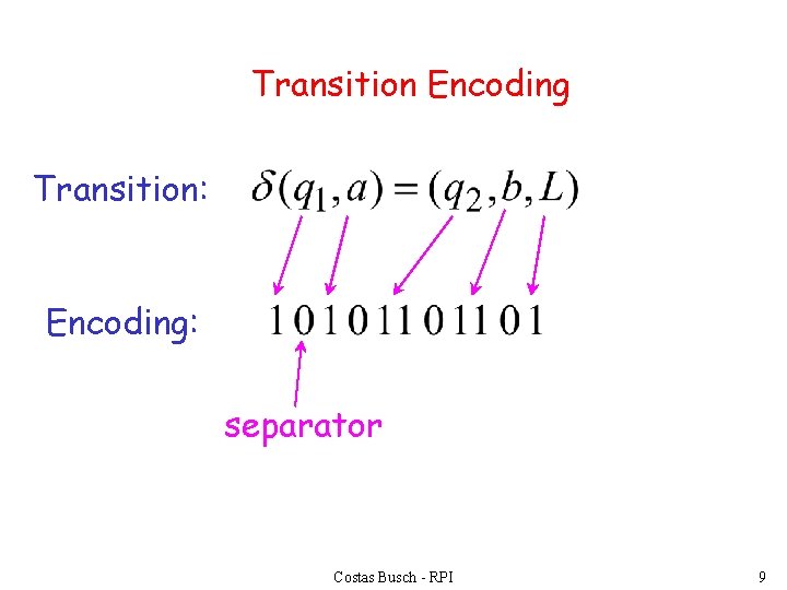 Transition Encoding Transition: Encoding: separator Costas Busch - RPI 9 