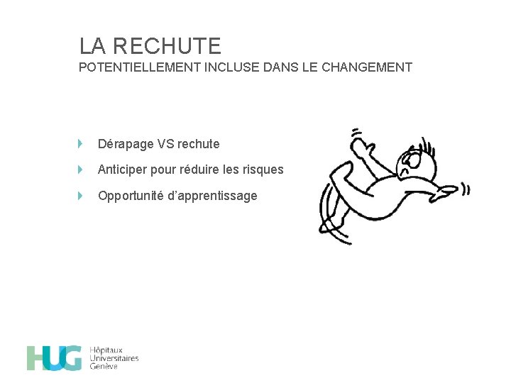 LA RECHUTE POTENTIELLEMENT INCLUSE DANS LE CHANGEMENT Dérapage VS rechute Anticiper pour réduire les