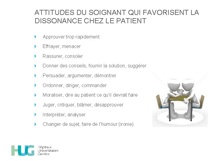ATTITUDES DU SOIGNANT QUI FAVORISENT LA DISSONANCE CHEZ LE PATIENT Approuver trop rapidement Effrayer,