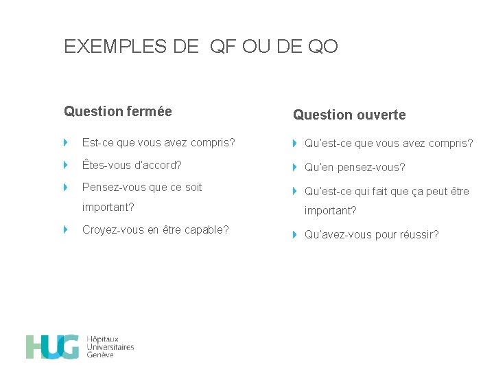 EXEMPLES DE QF OU DE QO Question fermée Question ouverte Est-ce que vous avez