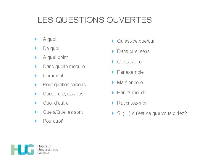 LES QUESTIONS OUVERTES À quoi De quoi À quel point Dans quelle mesure Comment