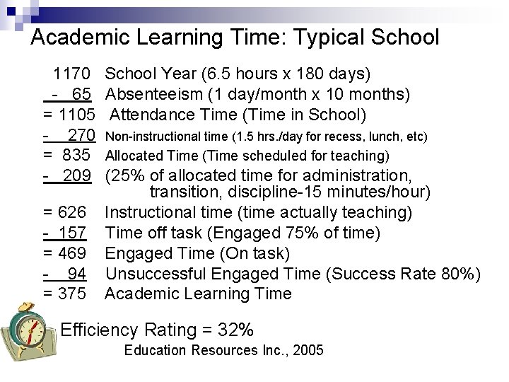 Academic Learning Time: Typical School 1170 - 65 = 1105 - 270 = 835