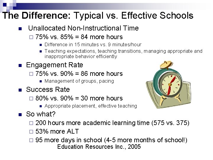 The Difference: Typical vs. Effective Schools n Unallocated Non-Instructional Time ¨ 75% vs. 85%