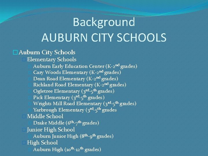Background AUBURN CITY SCHOOLS �Auburn City Schools � Elementary Schools � Auburn Early Education