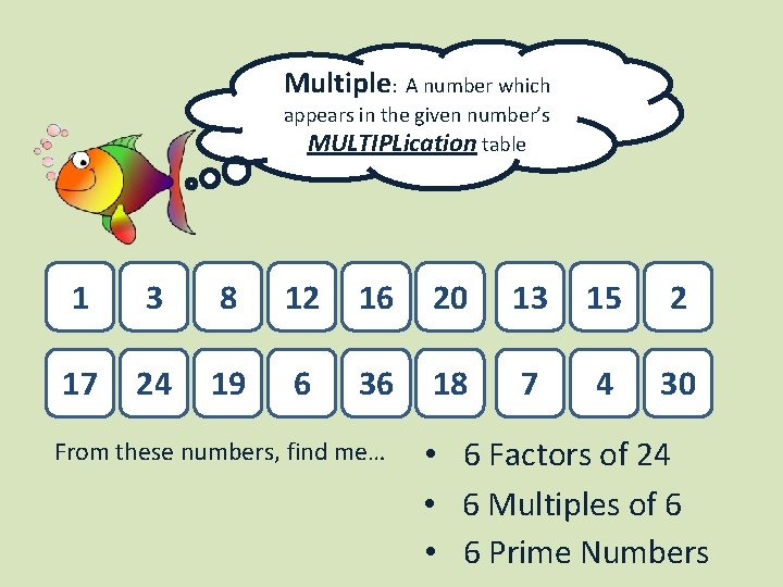 Multiple: A number which appears in the given number’s MULTIPLication table 1 3 8