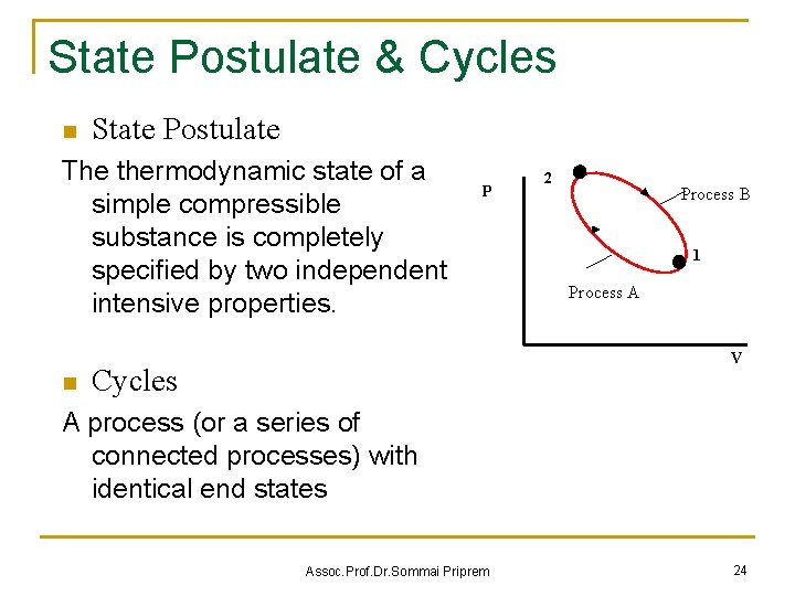 State Postulate & Cycles n State Postulate The thermodynamic state of a simple compressible