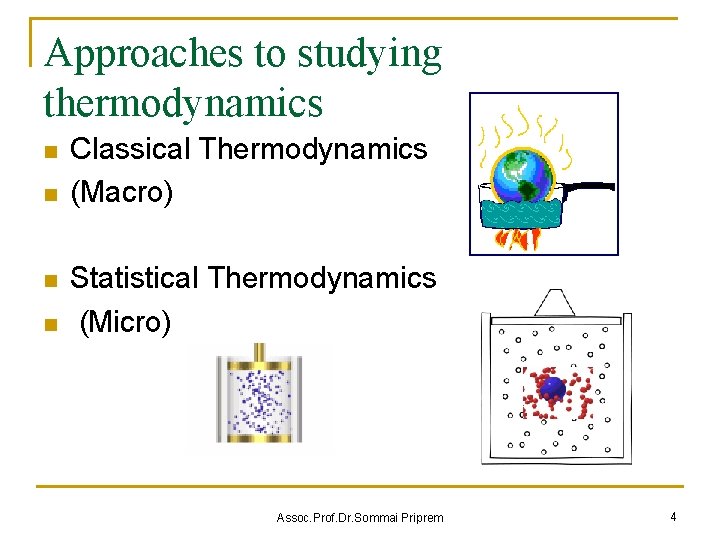 Approaches to studying thermodynamics n n Classical Thermodynamics (Macro) Statistical Thermodynamics (Micro) Assoc. Prof.
