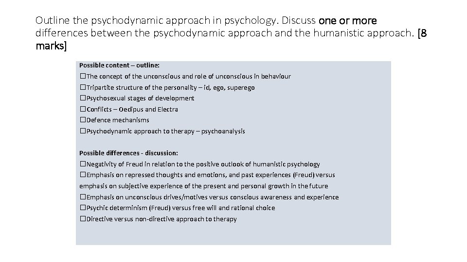 Outline the psychodynamic approach in psychology. Discuss one or more differences between the psychodynamic