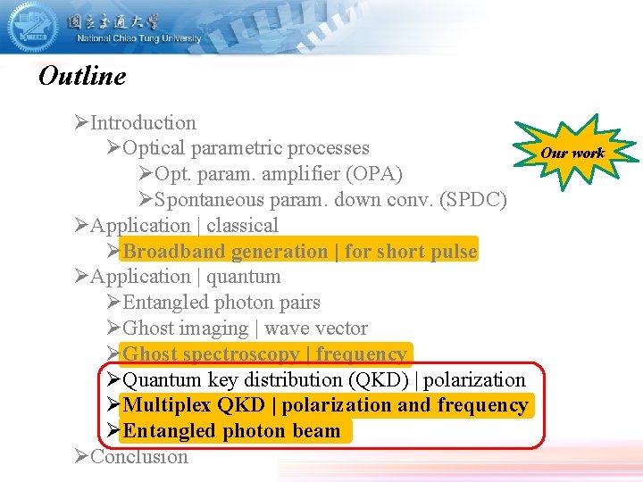 Outline ØIntroduction ØOptical parametric processes ØOpt. param. amplifier (OPA) ØSpontaneous param. down conv. (SPDC)