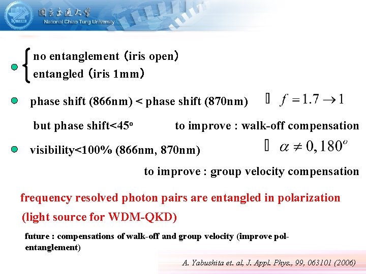 no entanglement （iris open） entangled （iris 1 mm） phase shift (866 nm) < phase