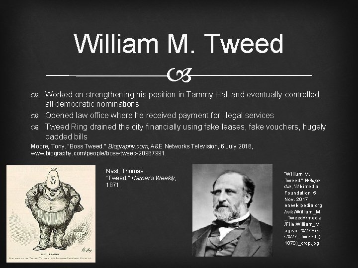 William M. Tweed Worked on strengthening his position in Tammy Hall and eventually controlled