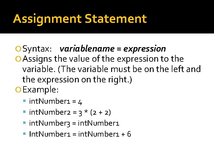 Assignment Statement Syntax: variablename = expression Assigns the value of the expression to the