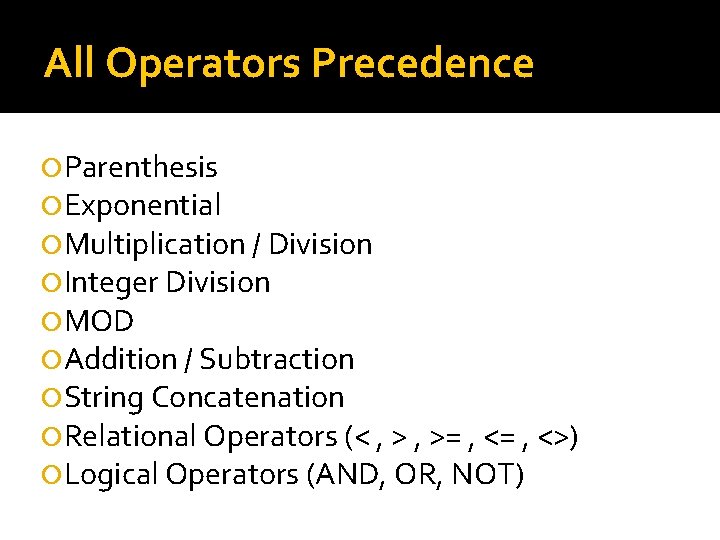 All Operators Precedence Parenthesis Exponential Multiplication / Division Integer Division MOD Addition / Subtraction