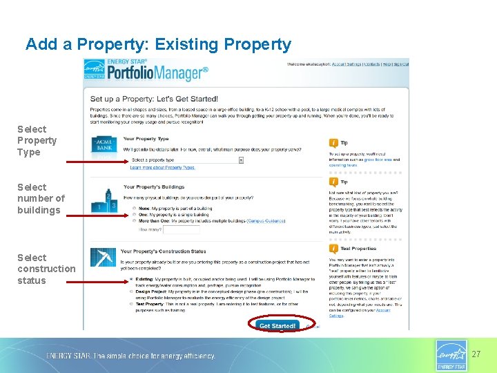 Add a Property: Existing Property Select Property Type Select number of buildings Select construction