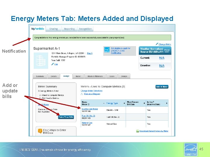 Energy Meters Tab: Meters Added and Displayed Notification Add or update bills 45 