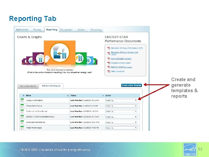 Reporting Tab Create and generate templates & reports 52 