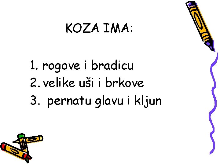 KOZA IMA: 1. rogove i bradicu 2. velike uši i brkove 3. pernatu glavu