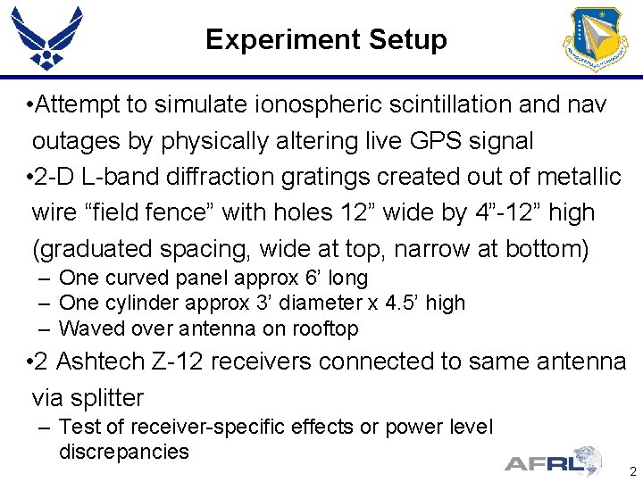 Experiment Setup • Attempt to simulate ionospheric scintillation and nav outages by physically altering