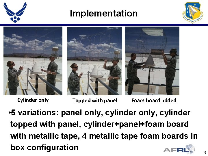 Implementation Cylinder only Topped with panel Foam board added • 5 variations: panel only,