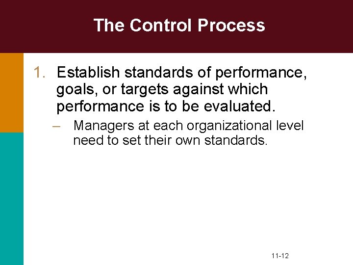 The Control Process 1. Establish standards of performance, goals, or targets against which performance