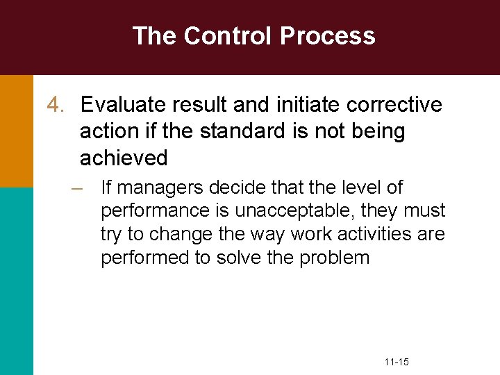 The Control Process 4. Evaluate result and initiate corrective action if the standard is