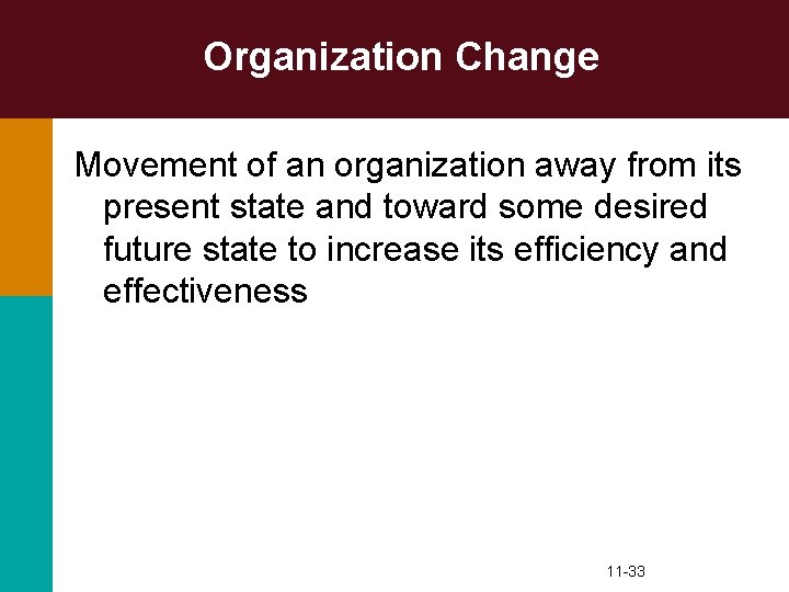 Organization Change Movement of an organization away from its present state and toward some