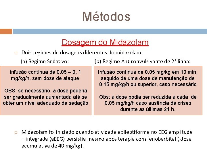 Métodos Dosagem do Midazolam Dois regimes de dosagens diferentes do midazolam: (a) Regime Sedativo: