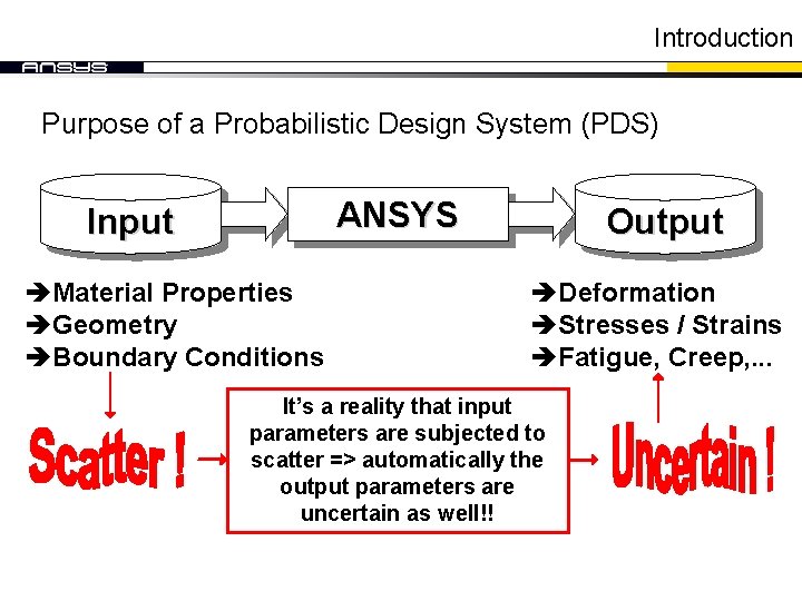 Introduction Purpose of a Probabilistic Design System (PDS) ANSYS Input èMaterial Properties èGeometry èBoundary Introduction Purpose of a Probabilistic Design System (PDS) ANSYS Input èMaterial Properties èGeometry èBoundary