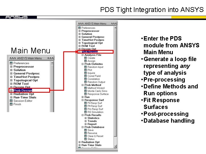 PDS Tight Integration into ANSYS Main Menu • Enter the PDS module from ANSYS PDS Tight Integration into ANSYS Main Menu • Enter the PDS module from ANSYS