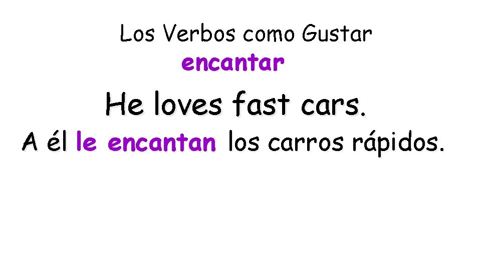Los Verbos como Gustar encantar He loves fast cars. A él le encantan los