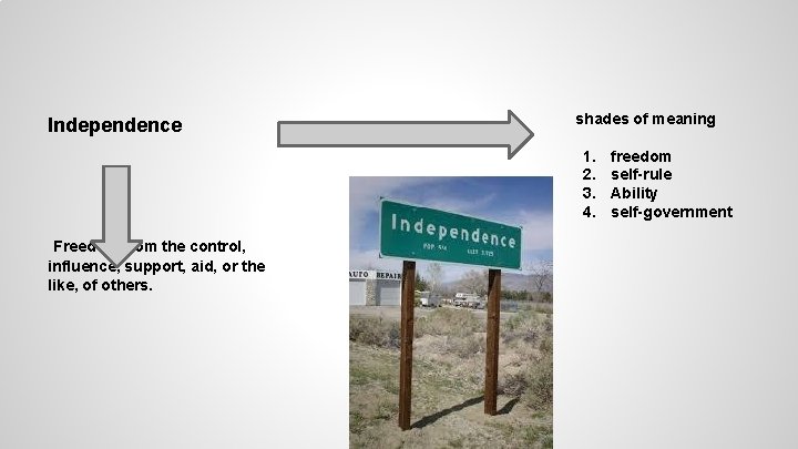 Independence shades of meaning 1. 2. 3. 4. Freedom from the control, influence, support,