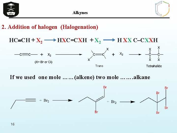 Alkynes 2. Addition of halogen (Halogenation) HC CH + X 2 HXC=CXH + X